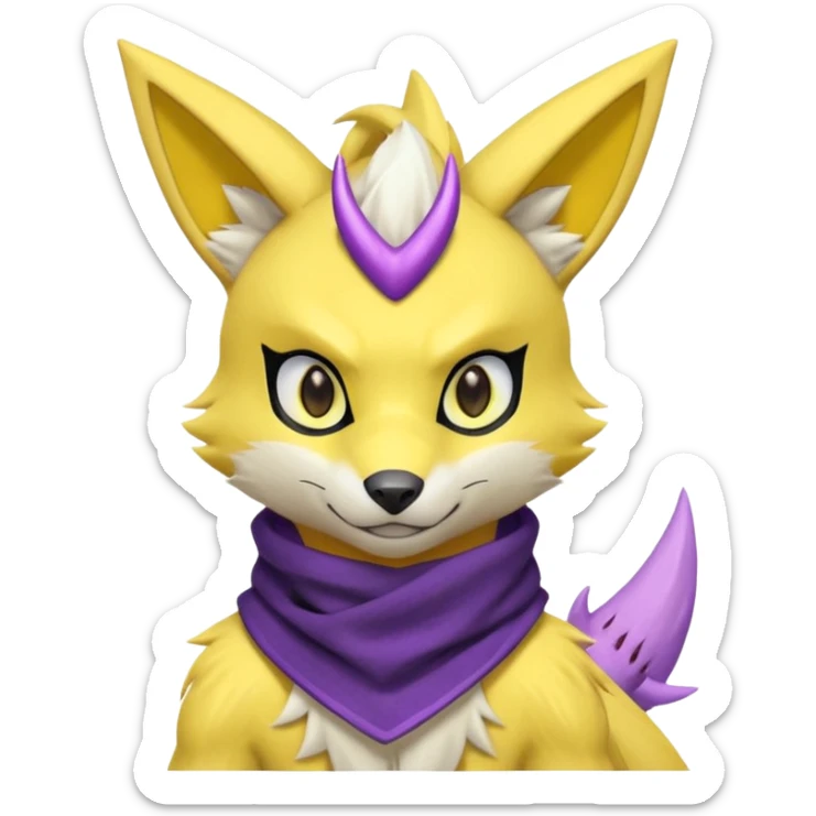 Furry Anthropomorphic Yellow Renamon-Zeraora-Toxtricity-Lombax-Pokémon-Digimon-Fakémon-fusion with purple lightning-bolt-markings, and facial markings, black bandanna scarf sticker