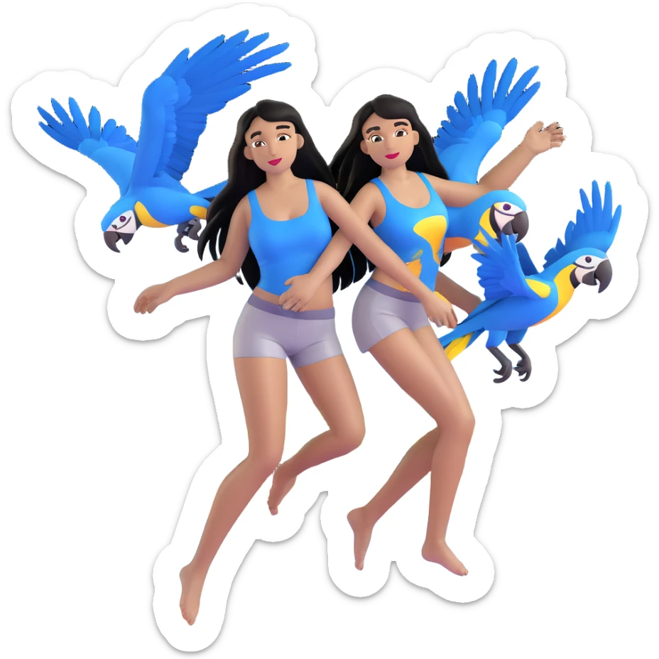 woman with long straight black hair, light brown skin, with blue macaws flying around her, and the three arches of Atalaia Beach (Aracaju-SE) in the background sticker