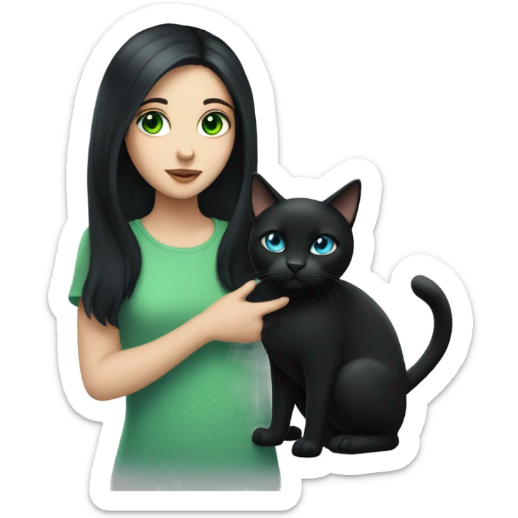 Girl with black hair and blue eyes holding a black cat with green eyes  sticker