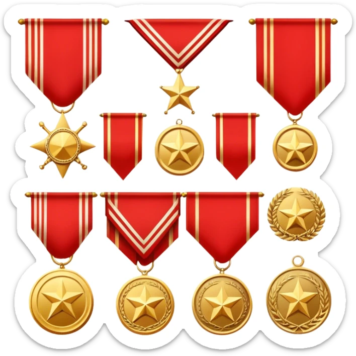 Icon for Collecting Orders, Medals & Badges: a variety of vintage orders, medals and badges, displayed neatly on a big red pennant or in a display case. The icon should reflect the honor and historical significance of these collectible items. Transparent background. sticker