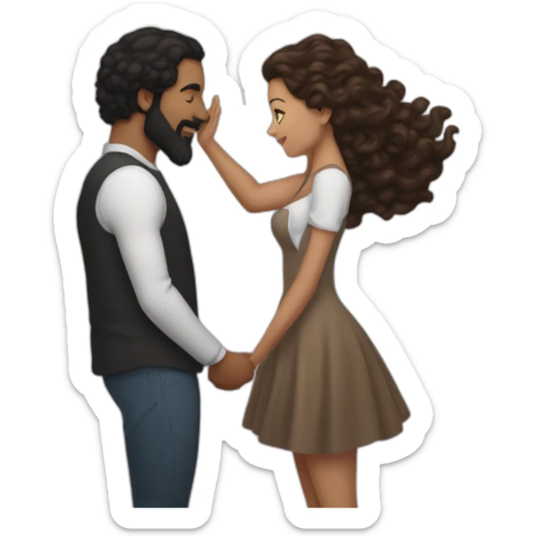Brown man with a smooth black hair and a black beard kissing a white woman with long brown curly hair sticker