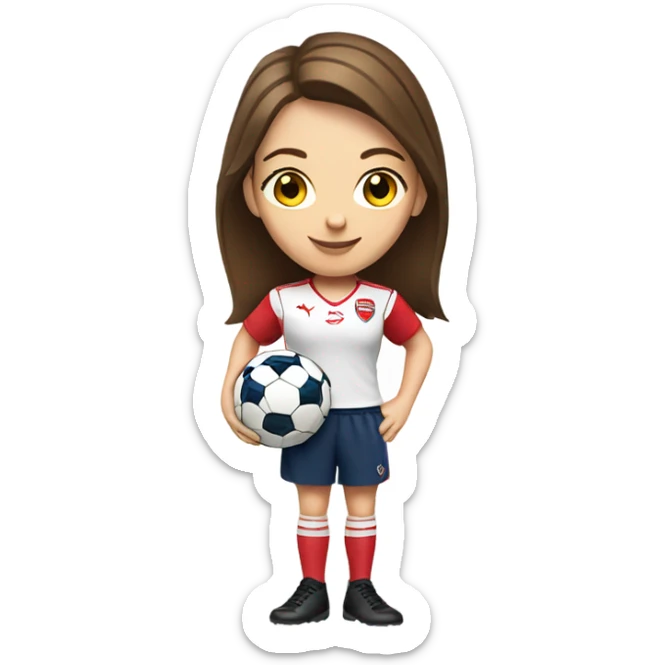 Pretty white woman with short brown hair holding a soccer ball and wearing an Arsenal jersey sticker