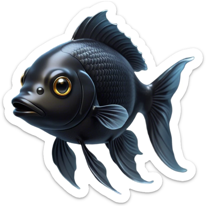 Cinematic Noble Black Goldfish Portrait Emoji, Poised and regal, with a sleek, streamlined build and a lustrous, deep black body, deep-set soulful golden eyes, Simplified yet sharp and sophisticated features, highly detailed, glowing with a soft, dignified glow, high shine, intelligent and graceful, stylized with an air of aquatic elegance, focused and attentive, soft glowing outline, capturing the essence of a watchful and confident aquatic companion, so majestic it feels as though it could glide out of the screen with effortless authority! sticker