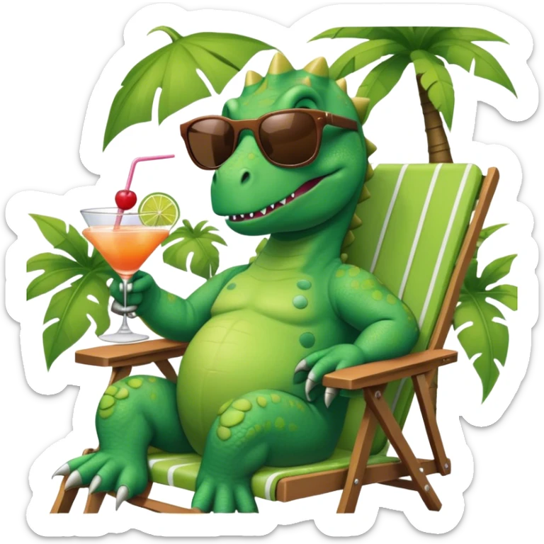 green dinosaur with sunglasses that he's raising inquisitively, in a lawn chair, with a cocktail sticker