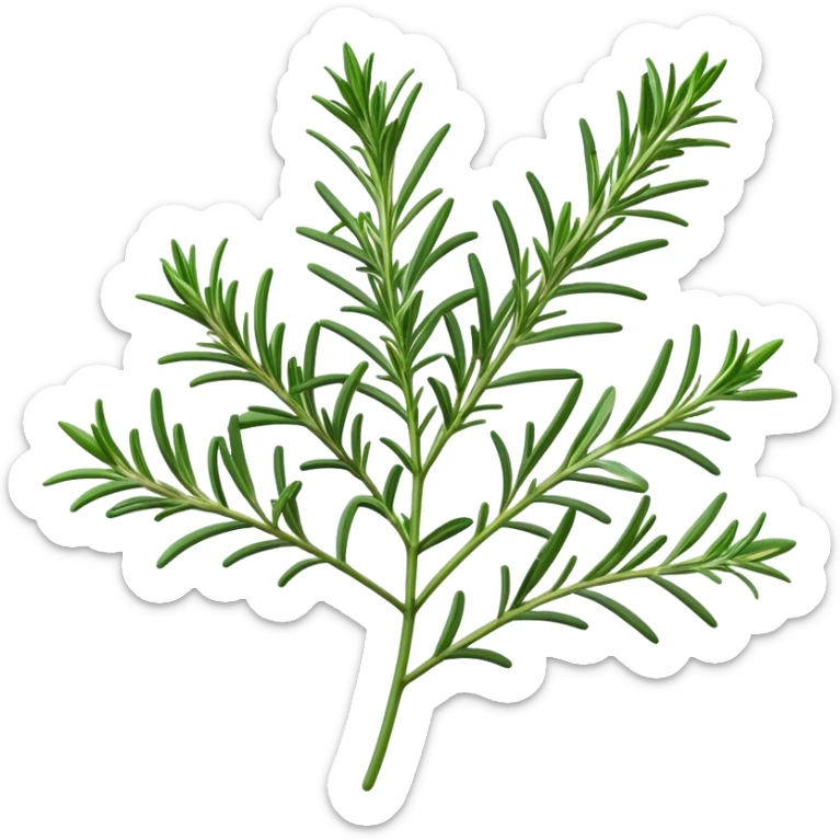 Cinematic Realistic Rosemary Emoji, Fragrant and fresh, with slender green stems covered in needle-like leaves, which release a distinctive herbal scent. The plant seems to exude energy, with soft sprigs of leaves stretching upwards. Soft glowing outline, capturing the essence of earthy healing and aromatic delight in a sprig of rosemary! sticker