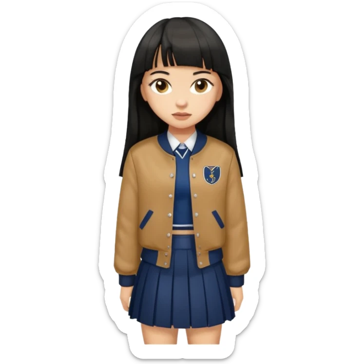 hair : black long hair with fringe 
skin : light 
cloth : brown varsity jacket + navy long long school girl skirt 


 sticker