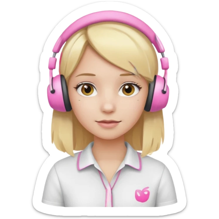 girl with blonde hair, white shirt and pink headset sticker