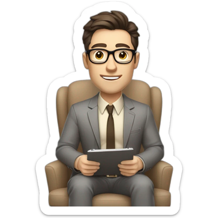 Pale skinned Fit Man With dark brown hair in gray jacket, beige office shirt, Brown pants and vintage glasses sitting In a soft chair with a notebook and a pen Fooling with his tongue sticker