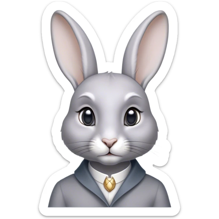 Cinematic Noble Grey Rabbit Portrait Emoji, Poised and regal, with a compact, graceful build and a smooth, elegant grey fur, long, delicate ears and deep-set soulful grey eyes, Simplified yet sharp and sophisticated features, highly detailed, glowing with a soft, dignified glow, high shine, intelligent and serene, stylized with an air of refined subtlety, focused and attentive, soft glowing outline, capturing the essence of a watchful and confident companion, so majestic it feels as though it could hop out of the screen with effortless authority! sticker
