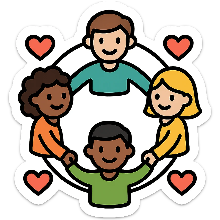 a group of diverse, happy people holding hands in a circle, with hearts and warm colors, friendly modern icon style, community of kindness sticker