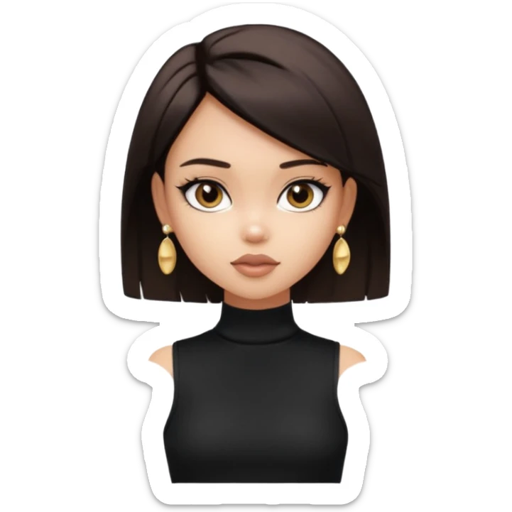 generate a pretty bratz girl in black cami top, dark brown straight short hair, eyeliner on. dark brown eyes. Wearing a white sleeveless turtleneck, gold stud earrings sticker