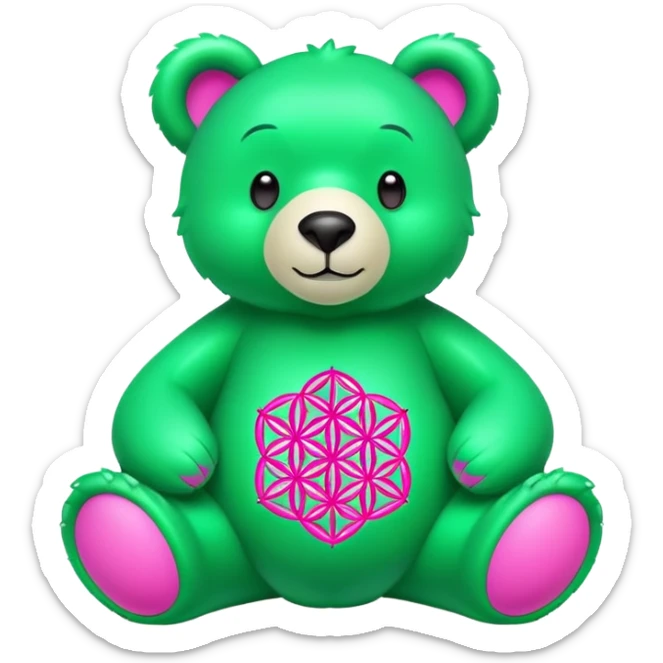 neon green bear with the flower of life on its tummy. i want the flower of life to be neon pink sticker