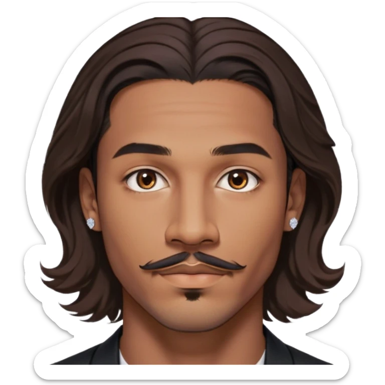 Young man with medium brown skin, mixed-race ethnicity, long wavy dark brown hair with an extremely precise center part exactly aligned with the middle of the face, hair parted perfectly symmetrically on both sides, mustache separated from goatee, medium brown eyes, small diamond stud earrings, floating head only with absolutely no shoulders or neck visible sticker