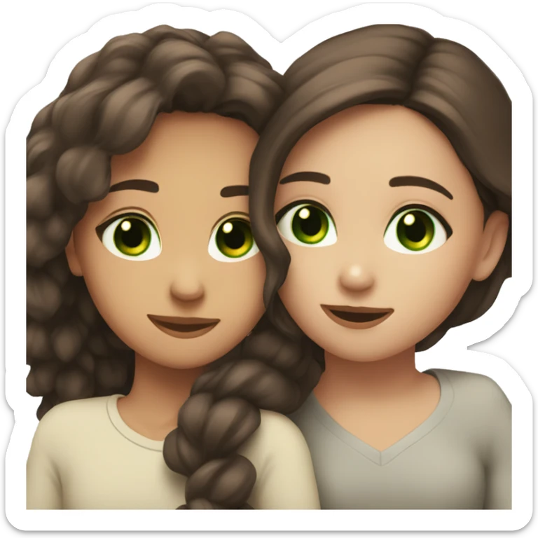Brunette bffs hugging eachother one with brown eyes one with green eyes sticker