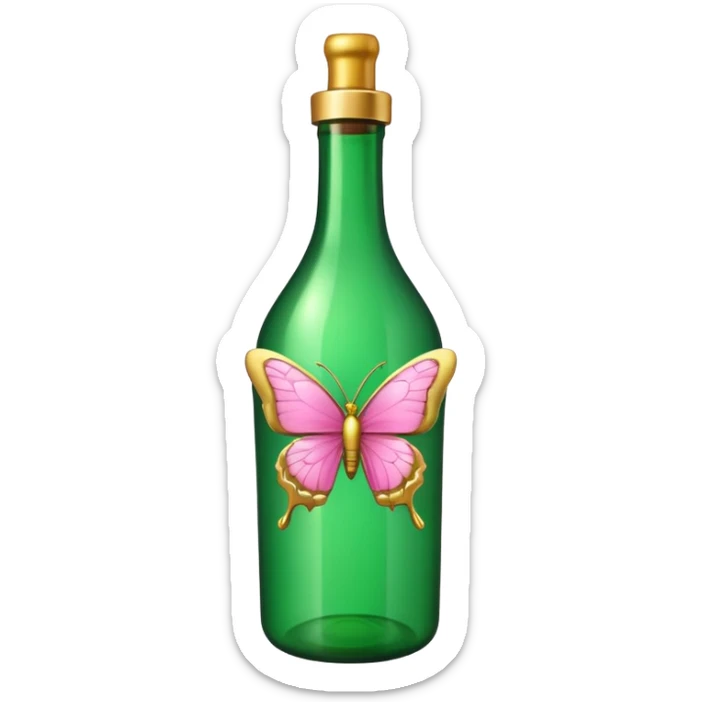 detailed vibrant green bottle with gold decorations and pink butterflies, emoji style sticker
