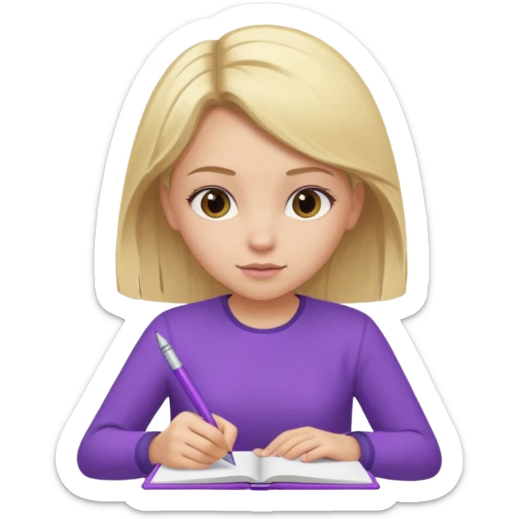 girl sitting, writing in a notebook, blond hair, dressed in purple clothes sticker