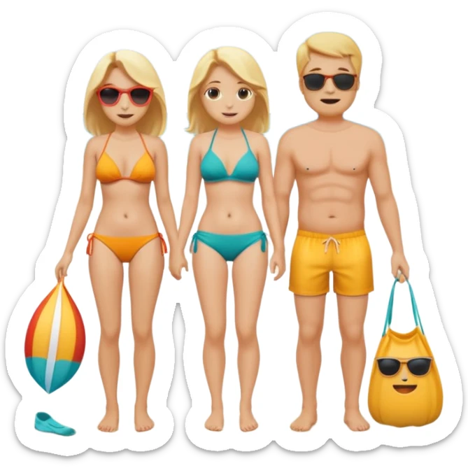 Ein Emoji, das ein älteres Paar am Strand zeigt: die Frau sehr schlank mit mittellangem, blondem Haar im Bikini, der Mann mit dickem Bauchz in Badeshorts. Beide sind im Ruhestand und liegen entspannt in Liegestühlen, um sich vom Stress des Rentnerlebens zu erholen mit sonnenschirm sticker