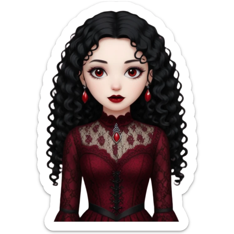 A girl with a dark red goth vampire look in a goth lace dress with long sleeves longer black curly hair sticker