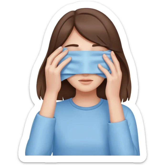 brunette girl with brown hair wearing pastel blue clothes covering her face with her hand sticker