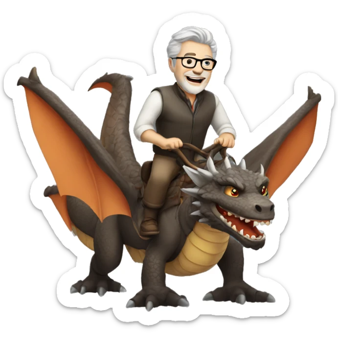 Ugly Mature man with gray hair and beard and glasses riding a dragon sticker