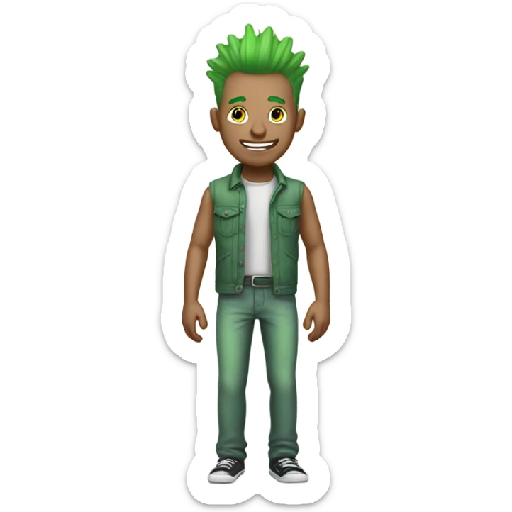 pale toned man with smile on half of a face and green mohawk hair, full body standing pose sticker