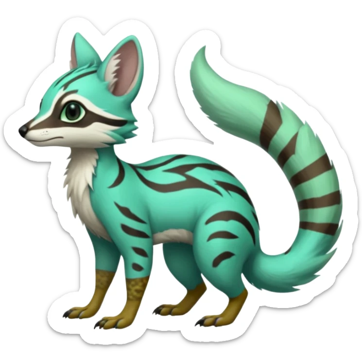 Feral Rare Fantasy minty-cyan pastel-seafoam-green Hunter-forest-green  Vernid-Gremz-Numbat-Sergal-Genet-Trico-species by LiLaiRa, random markings, tufted tail, tufted ears, full body sticker