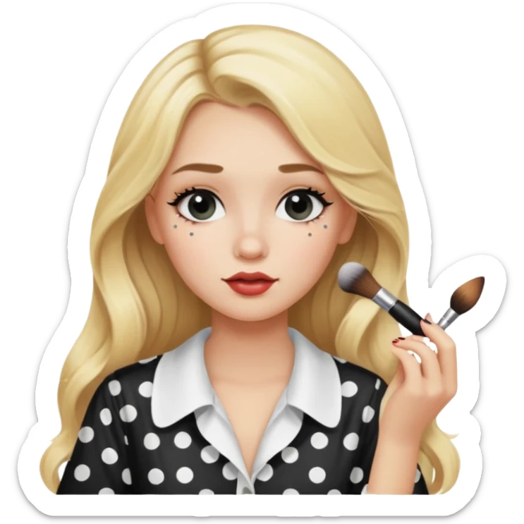 niña rubia con pelo largo y blusa blanca con lunares y maquillandose sticker
