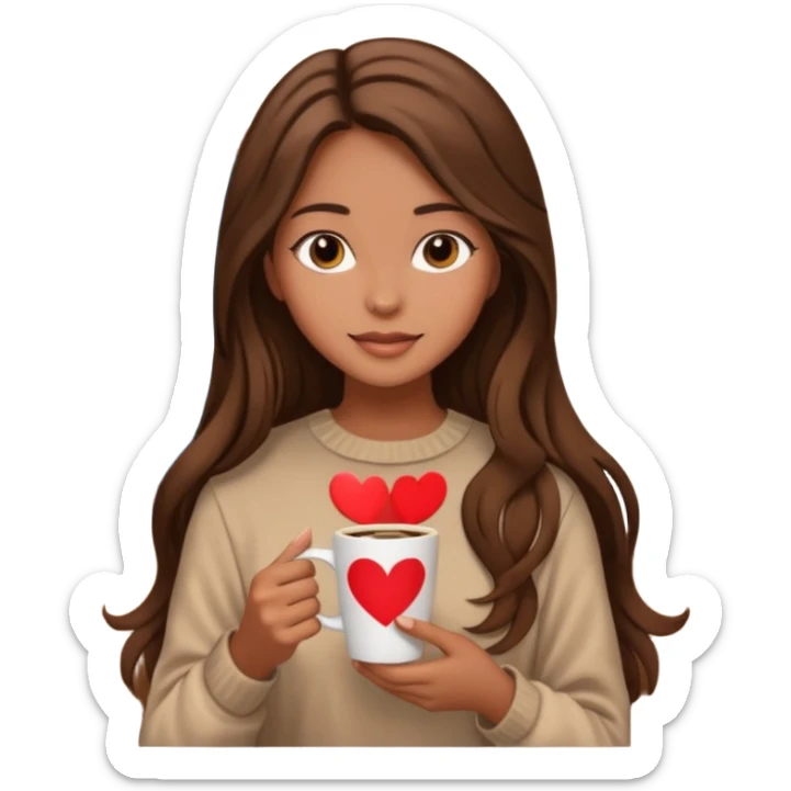 Un emoji de una chica con el pelo castaño y largo y suelto así como vestida como una that Girl y un café con dibujo de corazón y una cama aesthetic modo vida perfecta sticker