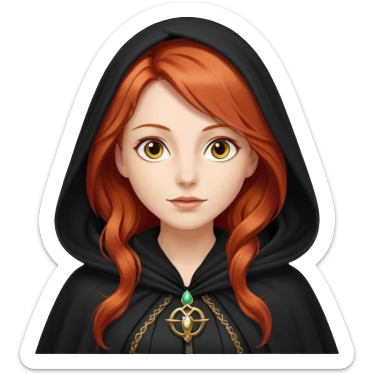 a beautiful woman with long red hair reaching her waist, hazel eyes, and wearing a black cloak sticker