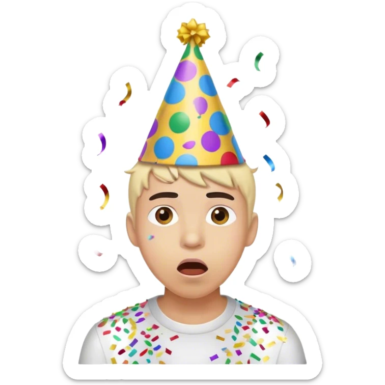 a person popping a confetti and wearing a party hat, but with a nervous expression  sticker