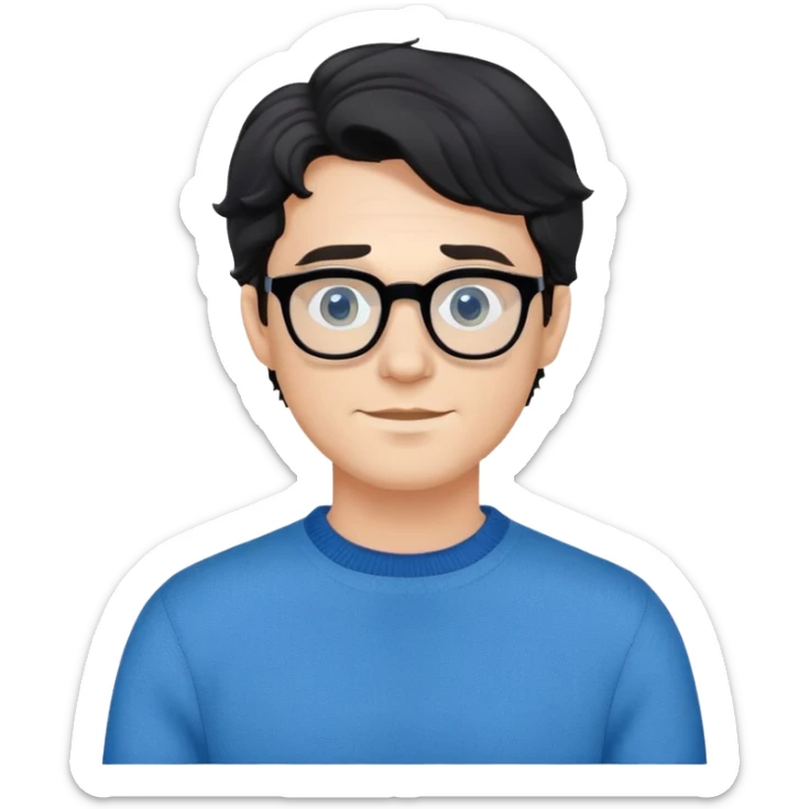 Caucasian male with wavy black hair wearing eyeglasses and a blue long sleeve pullover sweater sticker