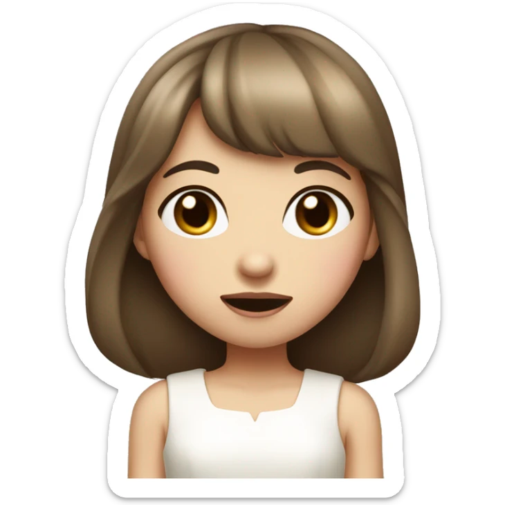Girl with fair skin and long brown hair with bangs, pink eyes, wearing a pretty white dress, biting her lip. sticker