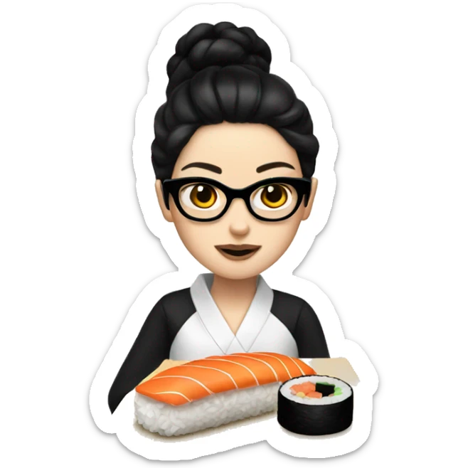 A white girl with black round glasses and shoulder straight black hair eating sushi sticker