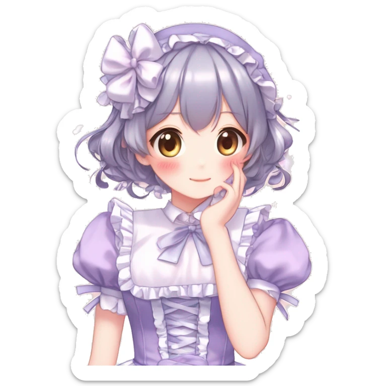 Gorgeous anime style girl blushing face maid outfit Lolita idol model colorful shiny sparkle kawaii pastelcore cottagecore pearly petite simplistic aesthetic trending style sticker