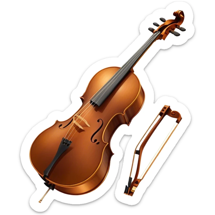 Cinematic Realistic Cello, deep brown polished wood, elegant f-holes curving gracefully, warm golden lighting creating depth, bow gently resting on the strings, glowing with the rich resonance of classical artistry. sticker
