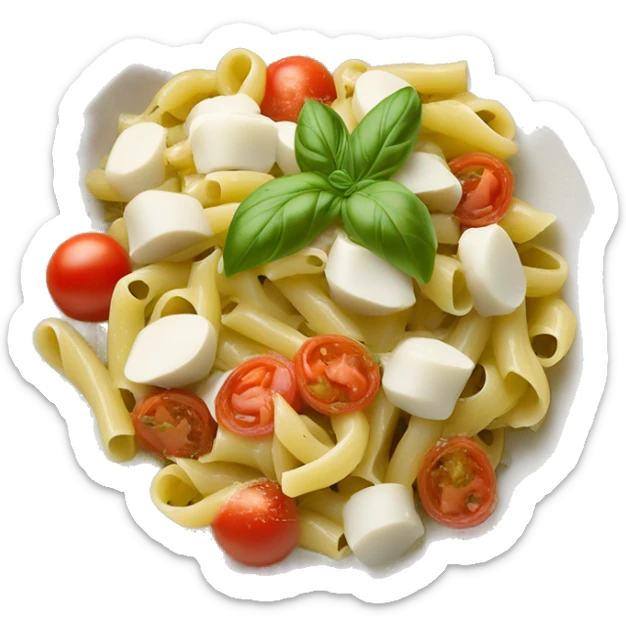 Maak een afbeelding van een bakje pasta pesto met tomaatjes, mozarella en kip sticker