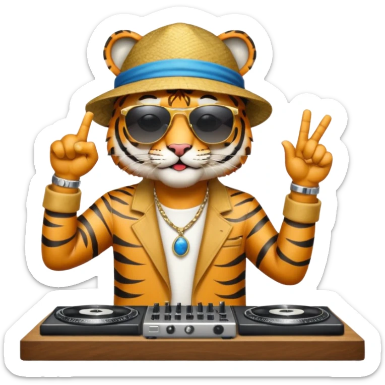 Un tigre con sombrero estilo cubano, una mesa de dj y gafas de sol. Una mano en la mesa de dj y la otra mano señalando al cielo a Dios. La otra mano encima de la mesa de dj por favor  sticker