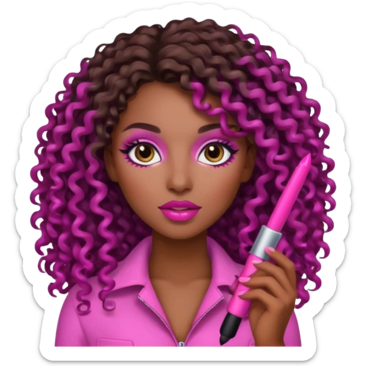 simple and expressive emoji of a woman with dark brown skin, long curly hair, brown eyes, pink makeup sticker