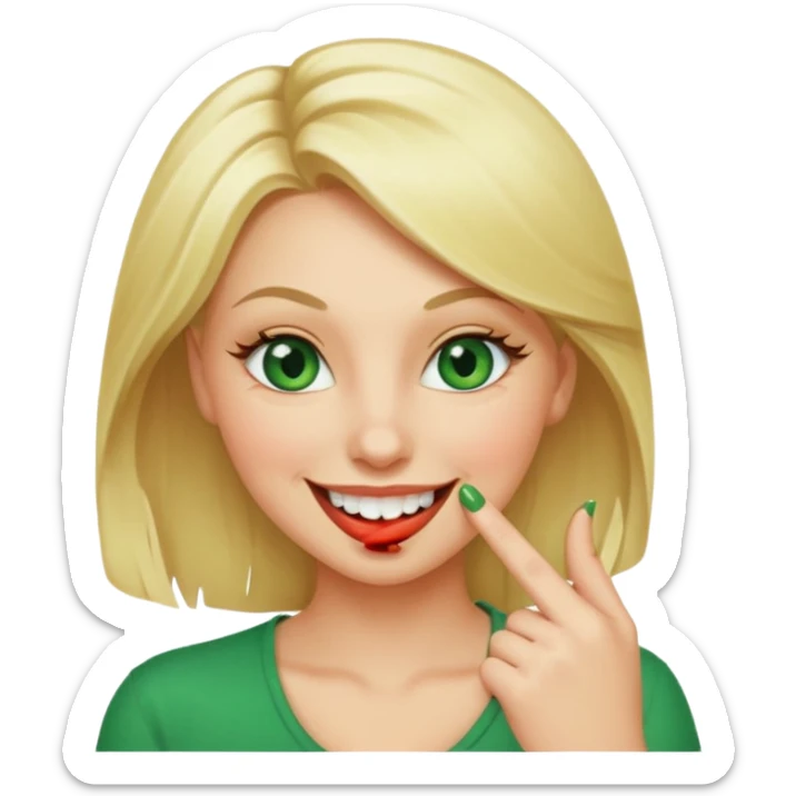 Mujer rubia con ojos verdes guapa mordiéndose un dedo con una sonrisa y guiñando un ojo  sticker