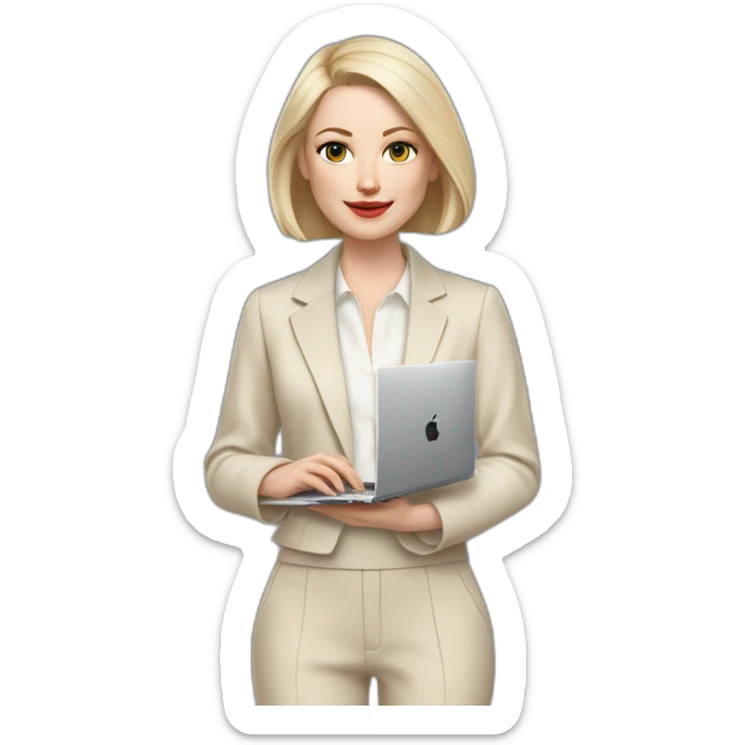 pale skin woman with ash blonde Straightened bob Hair, White Spacious classical jacket, beige palazzo Arrow pants and gray blouse holding a MacBook in the hands sticker