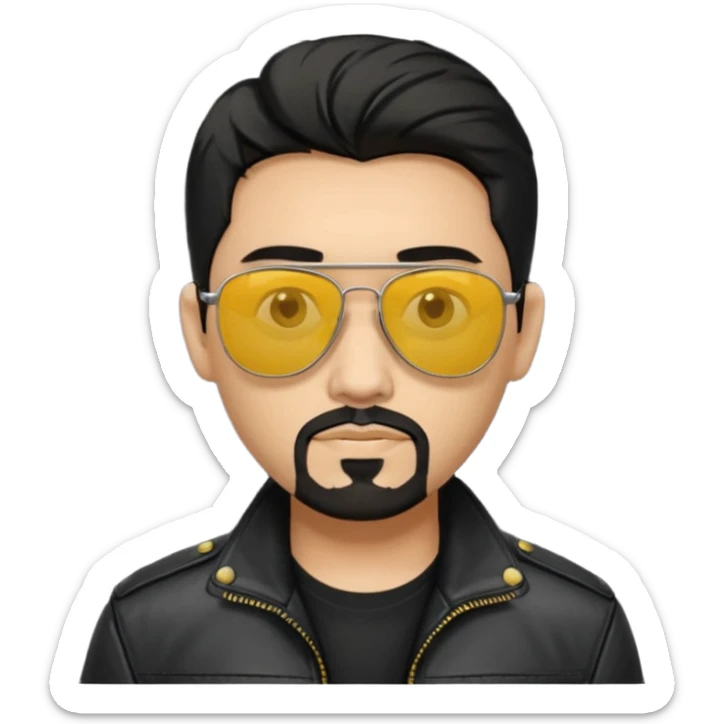 A man with middle part haircut black hair sunglasses with yellowish glasses And black jacket. Goatee short black beard sticker