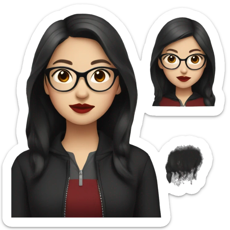 Asian girl in glasses and dark zip up sweater with dark long hair and red lipstick  sticker
