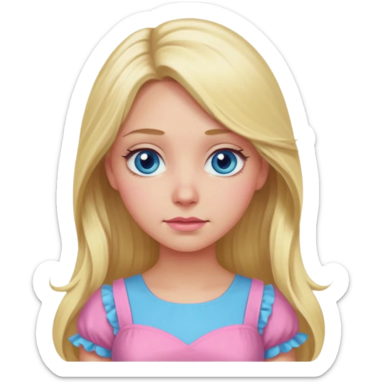 Create an image of a blonde with long hair and blue swamp eyes wearing a pink pastel dress, thoughtful expression. The style should match the apple emoji style as shown in the reference image. sticker