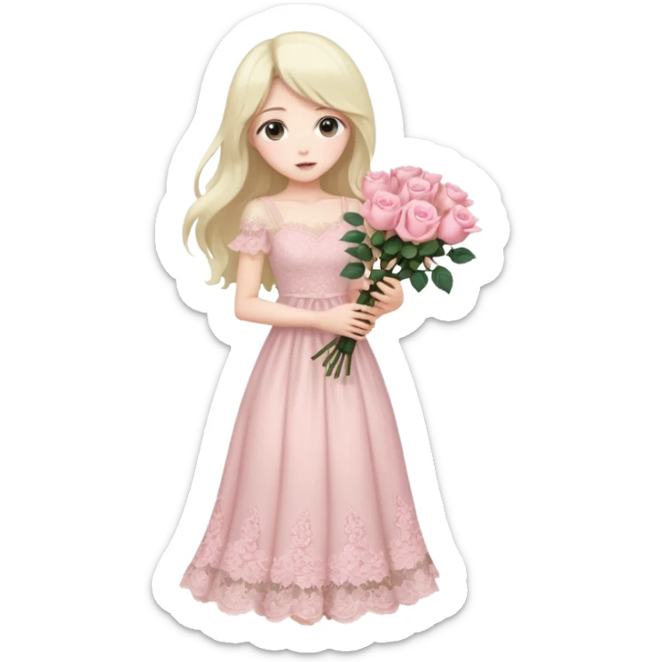 pastel anime woman with long hair pink roses lace dress full body sticker