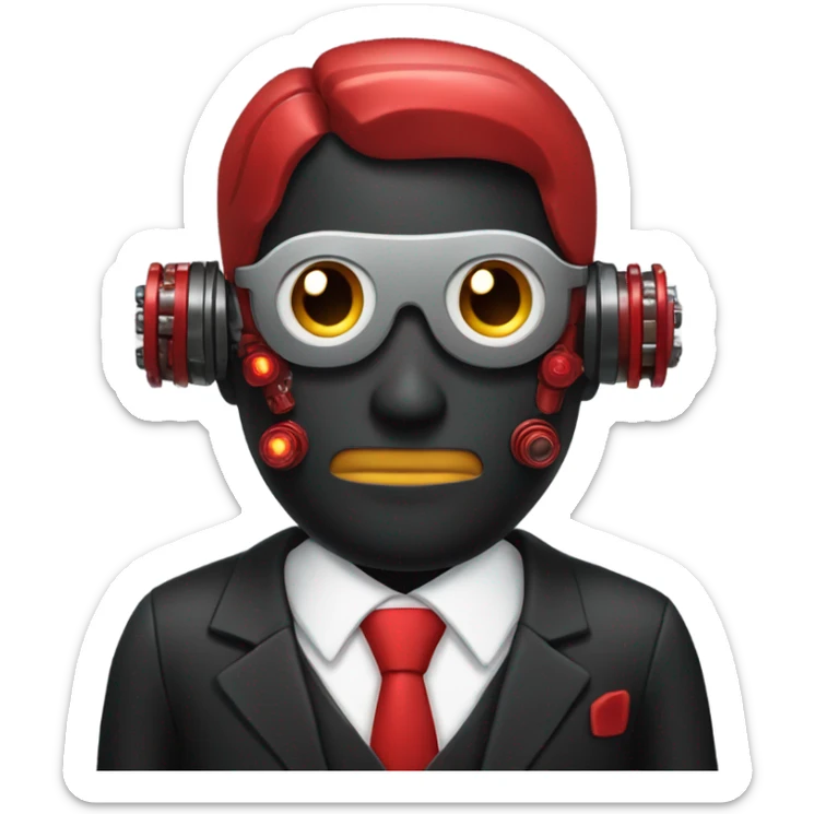 Business man wearing a black suit and red cyborg parts sticker