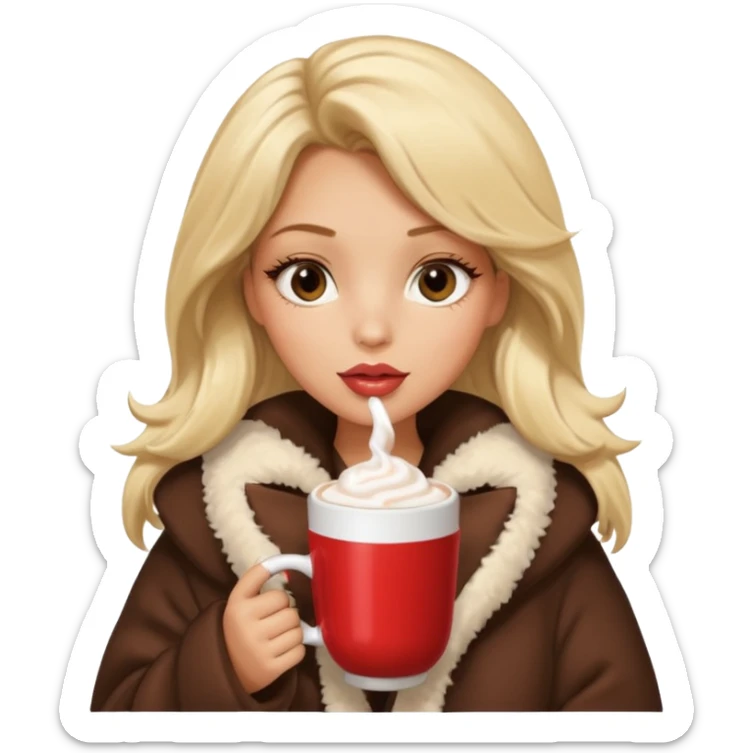 Tanned Girl with lashes , blonde hair, in an extremely big fluffy oversized coat and hold hot chocolate drink and vertically short eyes , big lip sticker