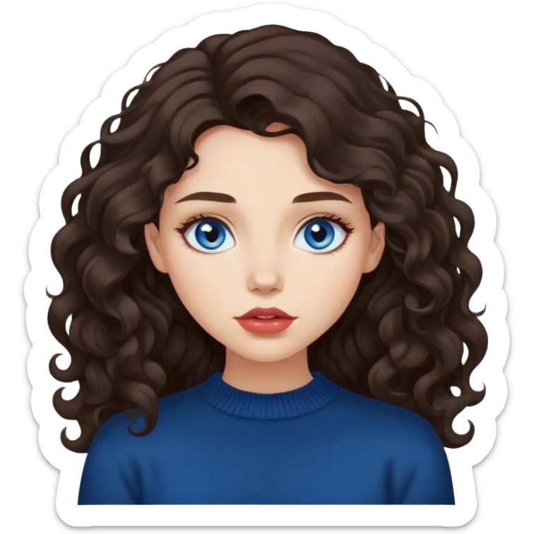 girl with long, lush, slightly curly dark brown hair, big lips and blue eyes, black sweater sticker