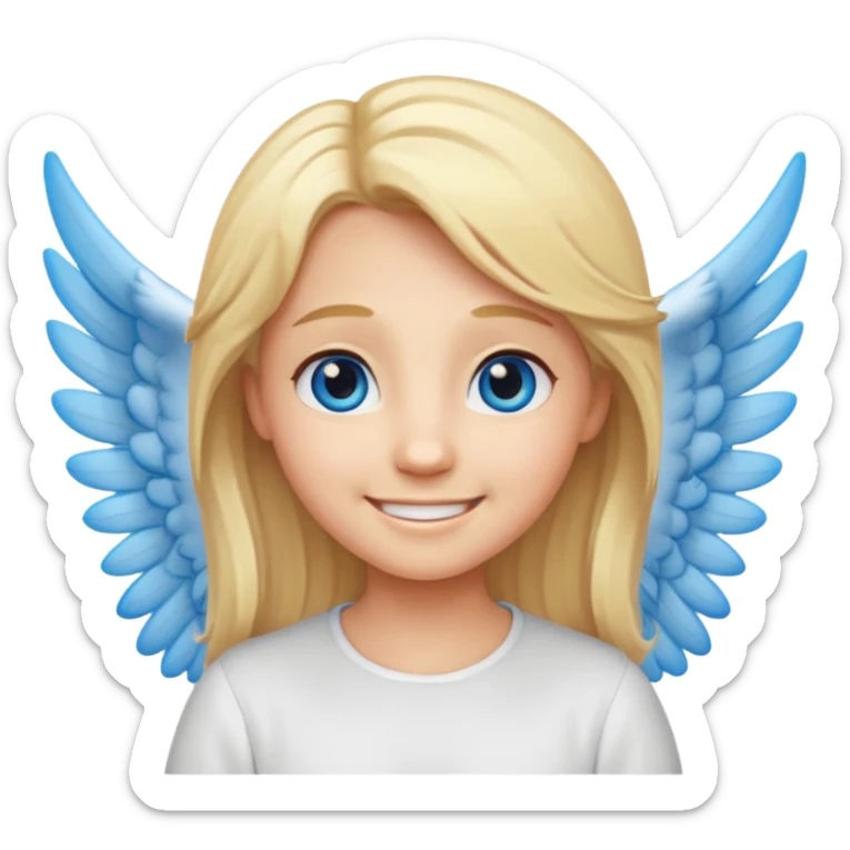 angel emoji blonde hair, blue eyes and smiling, larger wings with darker outline on them and bigger smile and more smiley eyes sticker