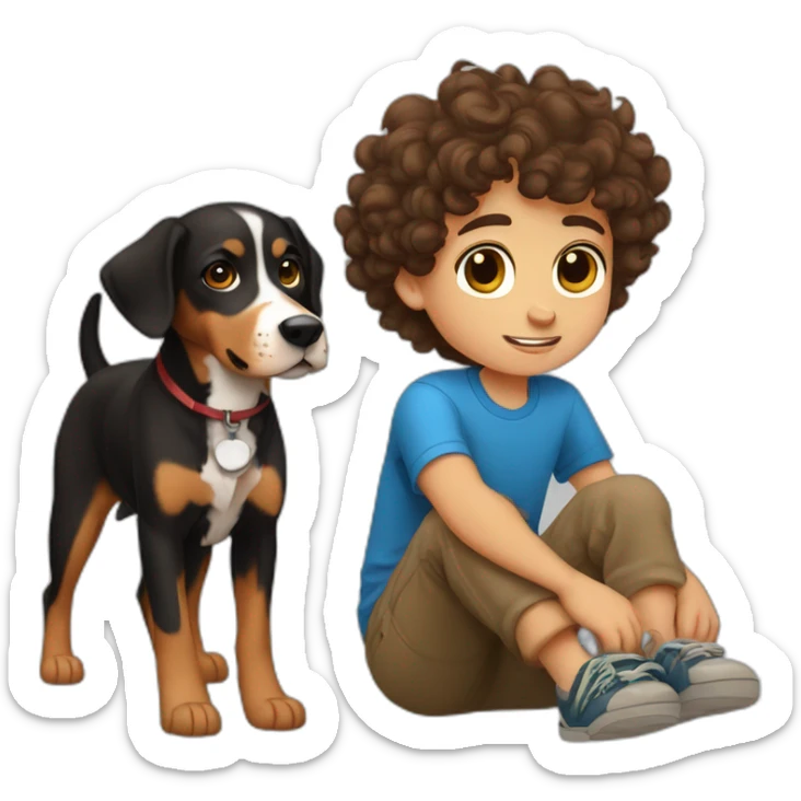 Russian Boy with curly brown hair with dog Entlebucher zennenhund sticker