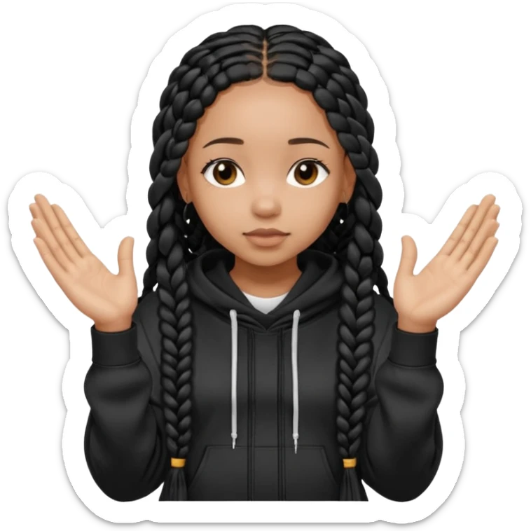 African American girl light skin with long black box braids and plain black hoodie with prayer hands sticker